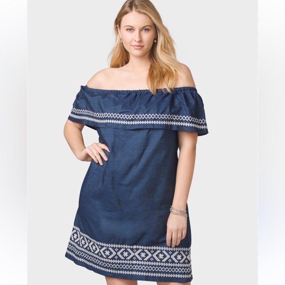Westport Chambray Embroidered Dress M Blue Off the Shoulder Pockets Cotton